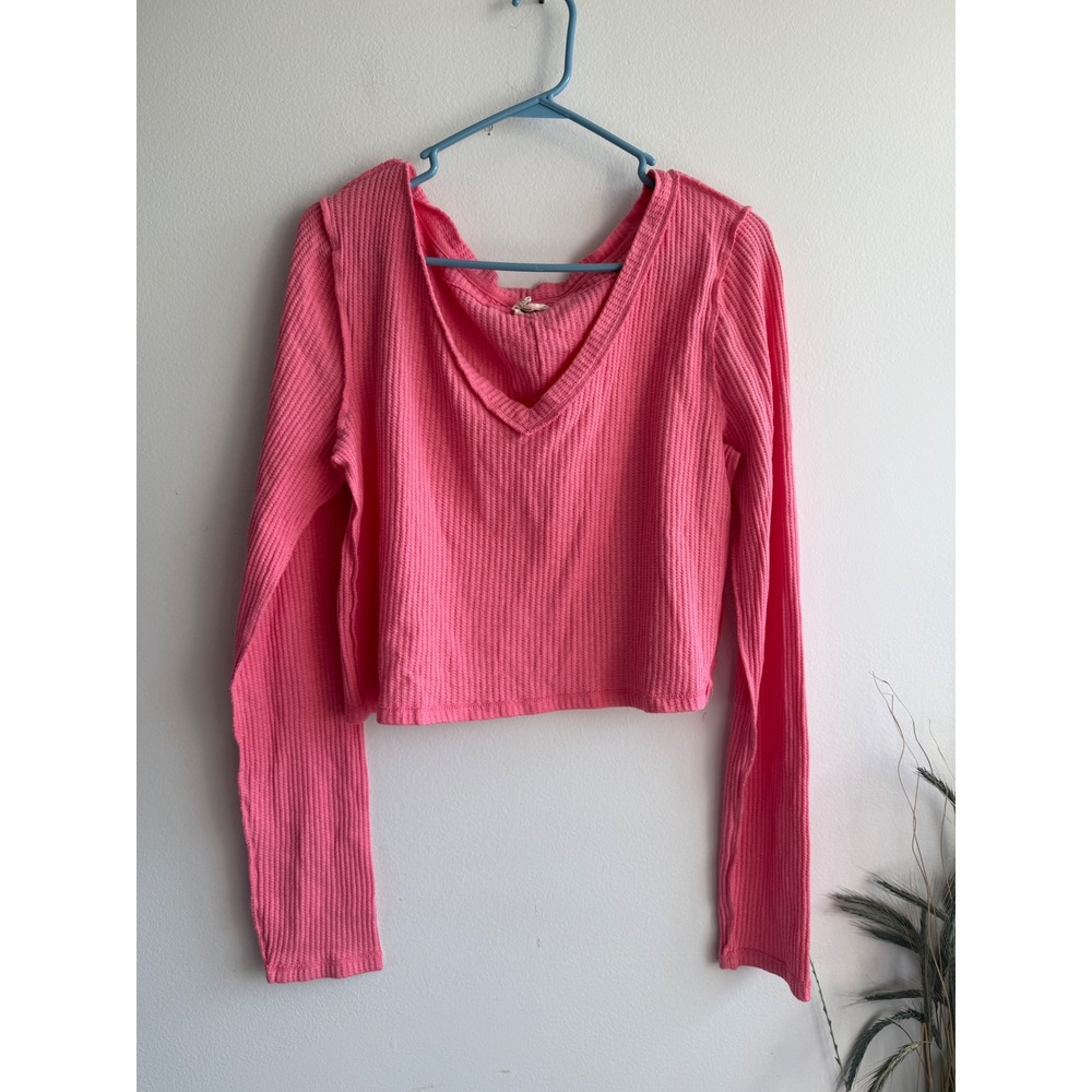We The Free‎ Free People Pink Waffle Knit Thermal V-Neck Cropped Top XL